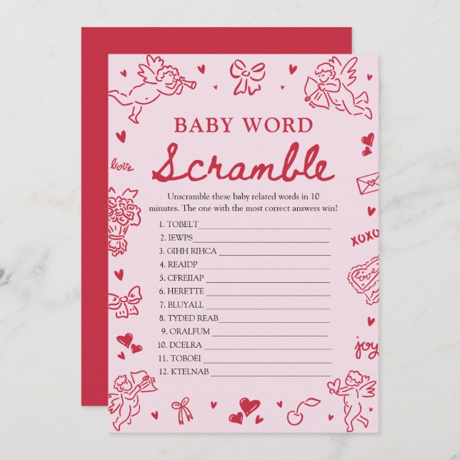 Convite Pink Hand Drawn Valentine Baby Word Scramble Game (Frente/Verso)