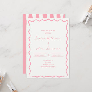 Convite Pink Hand Written Pinstripes Whimsical Wedding