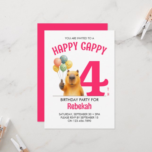 Convite Pink HAPPY CAPPY Capivara Personalizado Aniversári (Frente/Verso In Situ)