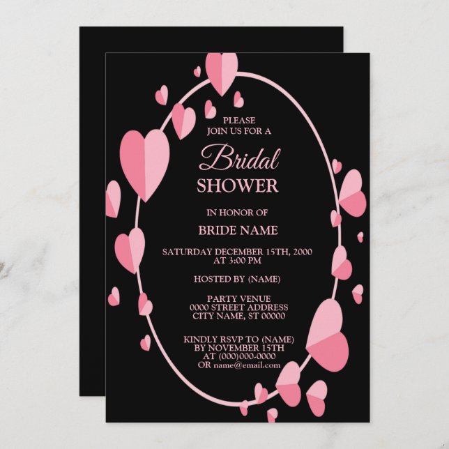 Convite Pink Heart Black Geometric Bridal Shower Party (Frente/Verso)