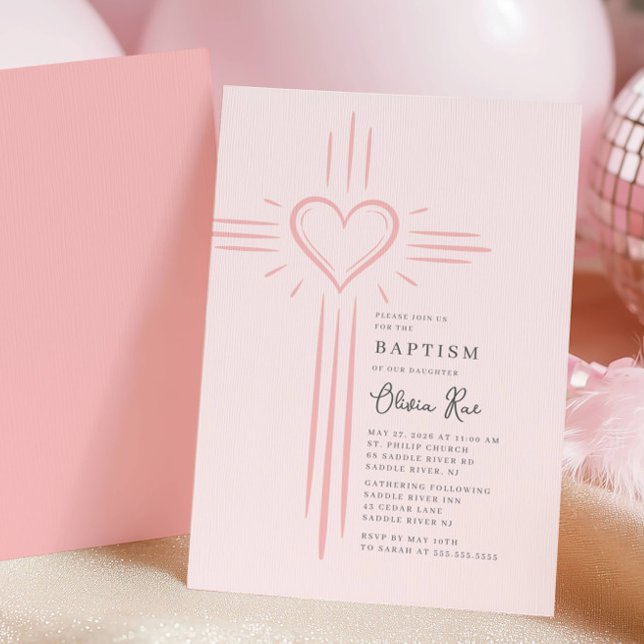 Convite Pink Heart Cross Baptism Invitation (Criador carregado)