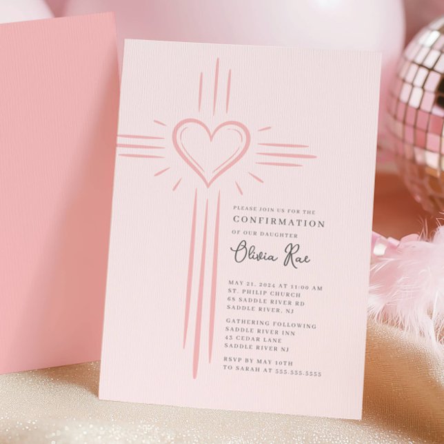 Convite Pink Heart Cross Confirmation Invitation (Criador carregado)