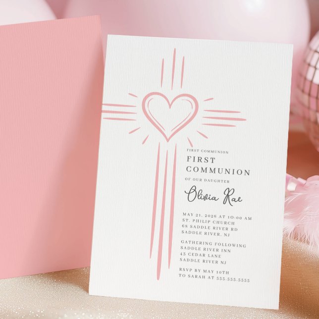Convite Pink Heart Cross First Communion Invitation (Criador carregado)