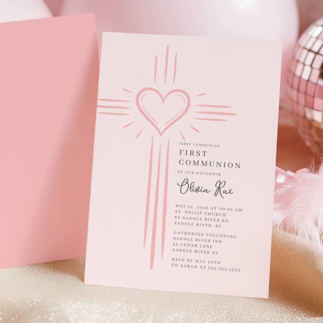 Convite Pink Heart Cross First Communion Invitation (Criador carregado)