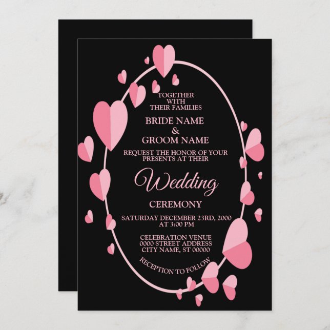 Convite Pink Heart Pattern Black Geometric Elegant Wedding (Frente/Verso)