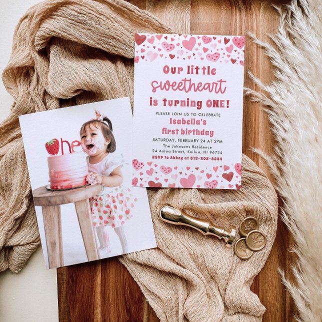 Convite Pink Hearts Little Sweetheart Foto Primeiro Aniver (Criador carregado)