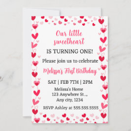 Convite Pink Hearts Our Little Sweetheart Birthday Invite 