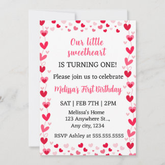 Convite Pink Hearts Our Little Sweetheart Birthday Invite 