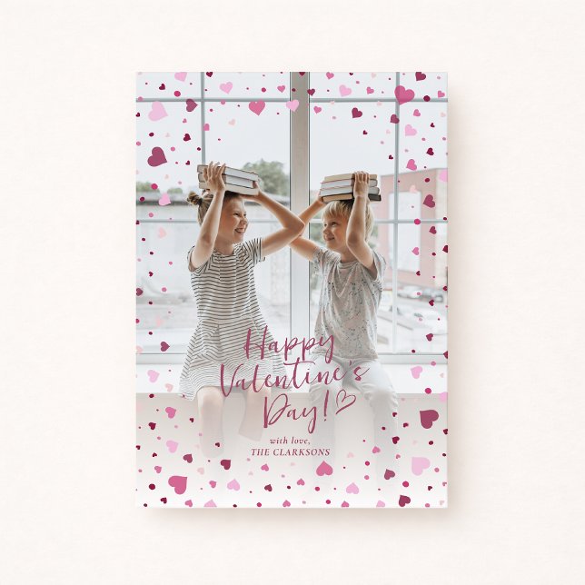Convite Pink Hearts Overlay Valentine’s Day Photo Card (Criador carregado)