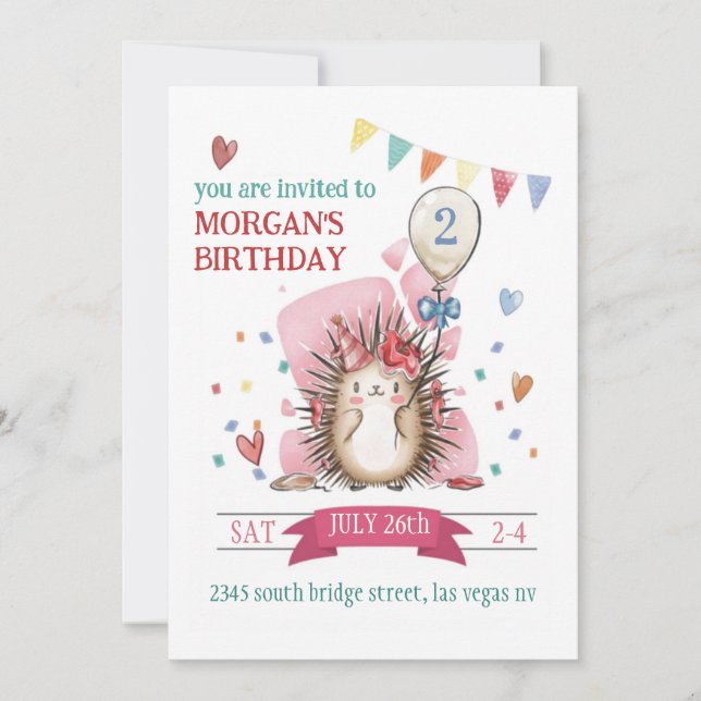 Convite Pink Hedgehog Children's Birthday Invitation (Frente)
