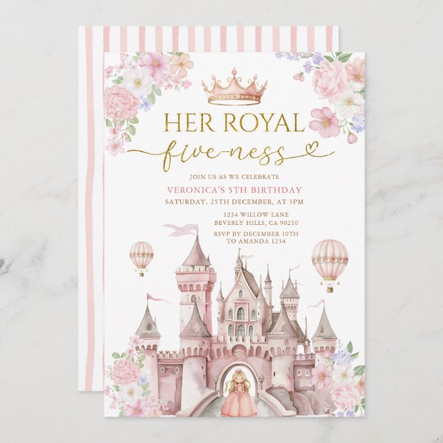 Convite Pink Her Royal five-ness birthday Castle Crown (Frente/Verso)