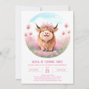 Convite Pink Highland Cow Meadow Magic Birday