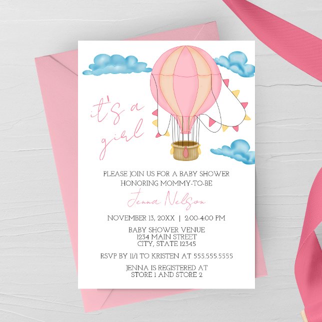 Convite Pink Hot Air Balloon “It’s a Girl” Baby Shower  (Criador carregado)