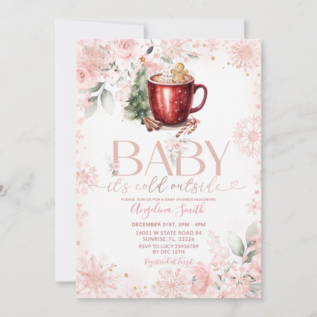Convite Pink Hot Cocoa Christmas Baby Shower Invite (Frente)