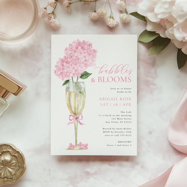 Convite Pink Hydrangea Bubbles and Blooms Champagne Glass (Criador carregado)