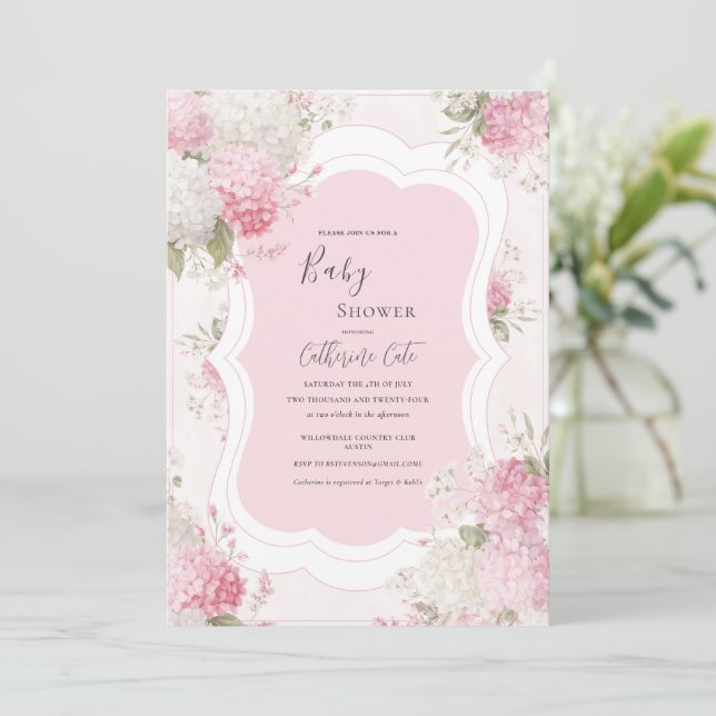 Convite Pink Hydrangea Floral Elegant Baby Shower (Em pé/Frente)