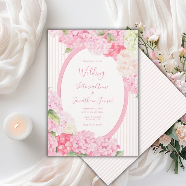 Convite Pink Hydrangea Floral Stripe Wedding Invitation (Criador carregado)