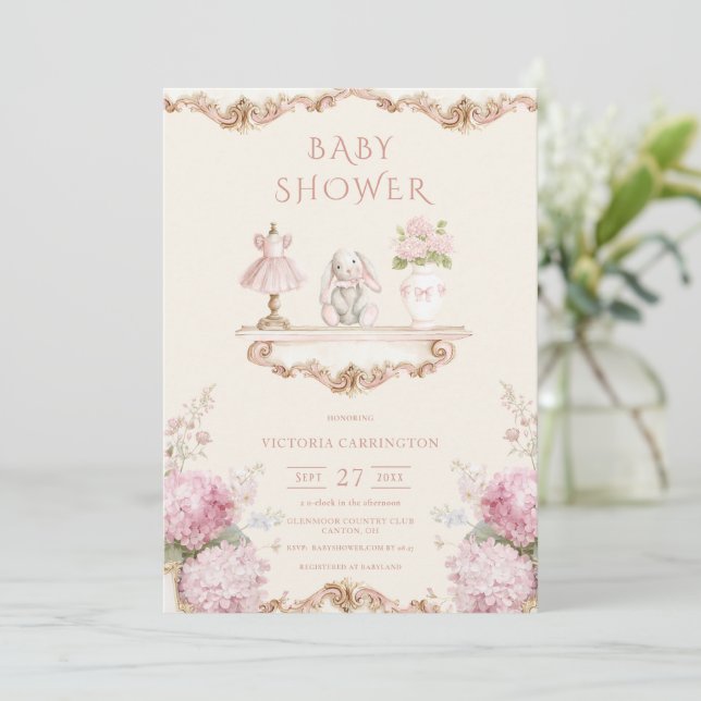 Convite Pink Hydrangea Vintage Baby Shower Invitation (Em pé/Frente)