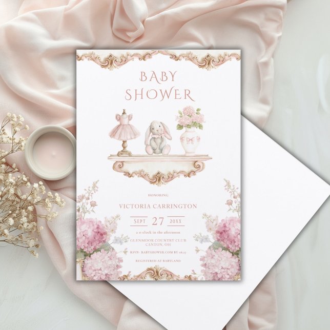 Convite Pink Hydrangea Vintage Baby Shower Invitation (Criador carregado)