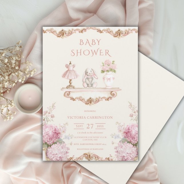 Convite Pink Hydrangea Vintage Baby Shower Invitation (Criador carregado)