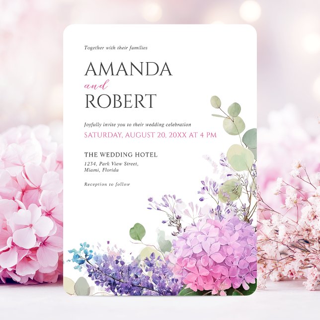 Convite Pink Hydrangea Watercolor Flowers Elegant Wedding (Pink Hydrangea Flowers Watercolor Elegant Wedding Invitation)