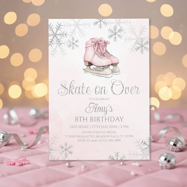 Convite Pink Ice Skating Silver Glitter Snowflake Birthday (Criador carregado)