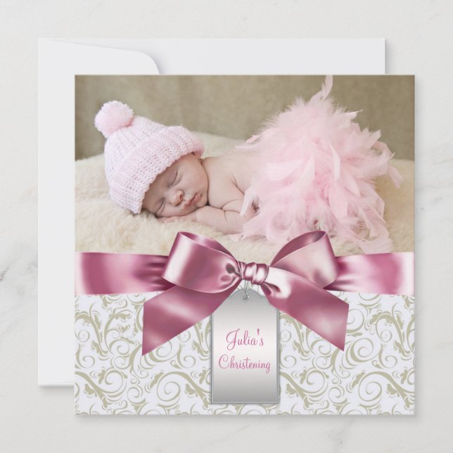 Convite Pink Ivory Swirls Baby Girl Foto Christening (Frente)
