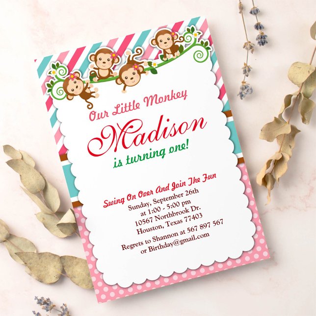 Convite Pink Jungle Monkey Safari (Criador carregado)