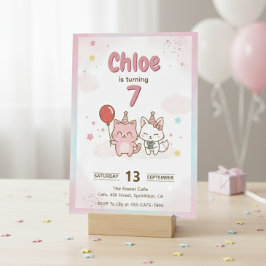 Convite Pink Kitty Birthday Party for Girls Cute Kawaii