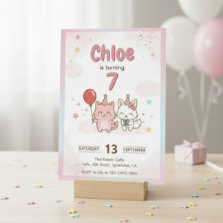 Convite Pink Kitty Birthday Party for Girls Cute Kawaii