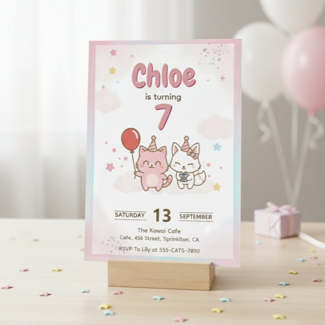 Convite Pink Kitty Birthday Party for Girls Cute Kawaii (Criador carregado)
