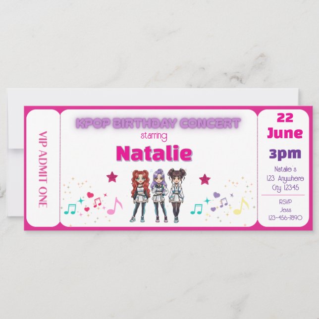 Convite Pink KPOP Birthday Concert Ticket (Frente)