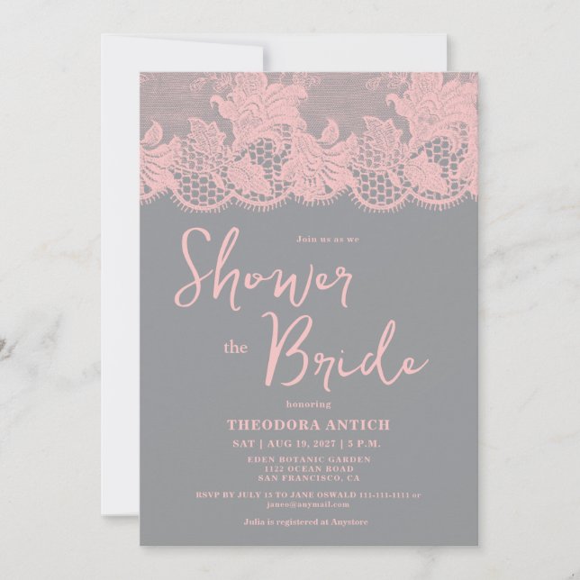 Convite Pink Lace Grey Bridal Shower Invitation (Frente)