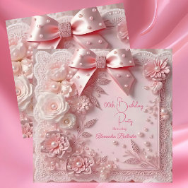 Convite Pink Lace Pearls Floral Sweet Birthday Party