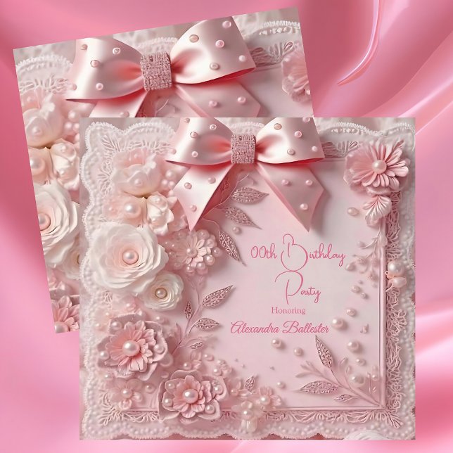 Convite Pink Lace Pearls Floral Sweet Birthday Party (Criador carregado)