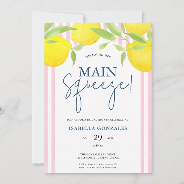 Convite Pink Lemon Main Squeeze Bridal Shower (Frente)