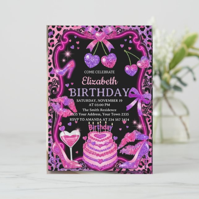 Convite Pink Leopard Cherry Birthday Invitation (Em pé/Frente)