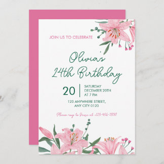 Convite Pink Lily Garden Birthday Party Invitation