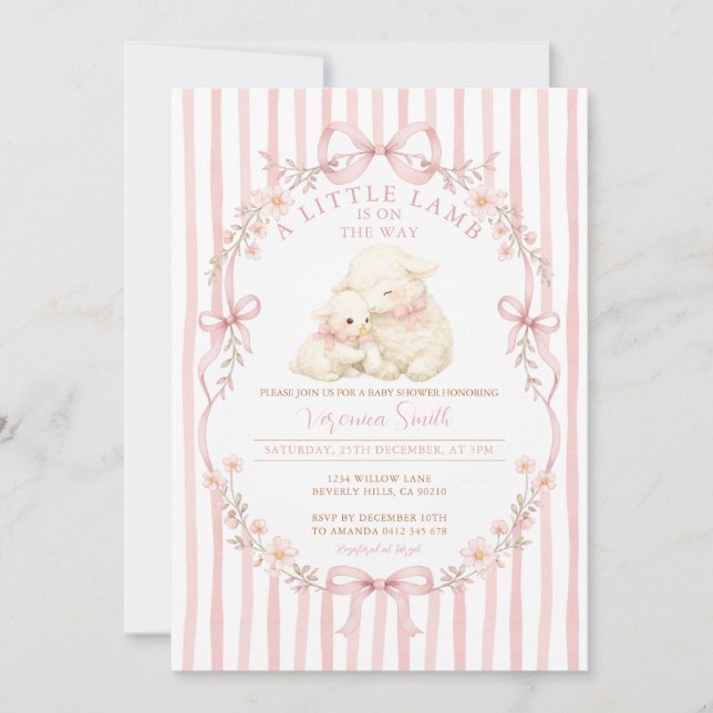 Convite Pink Little Lamb Baby Shower Stripes Invitation (Frente)