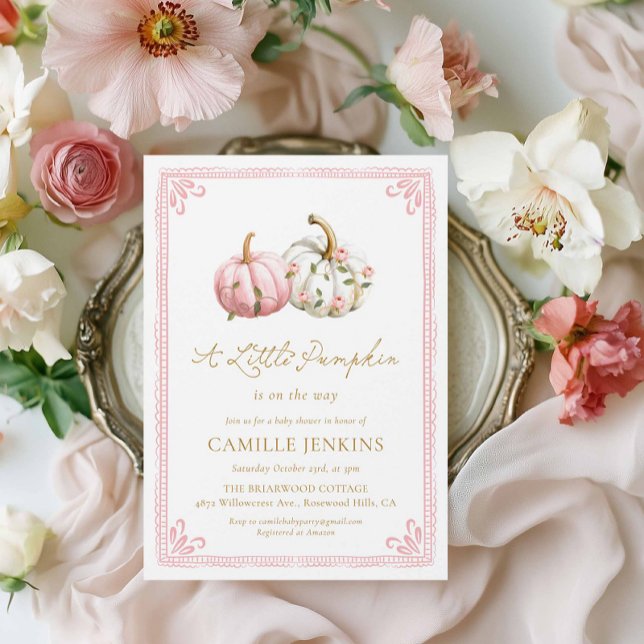 Convite Pink Little Pumpkin Girl Baby Shower (Elegant Pink Pumpkin Fall Girl Baby Shower Invitation)