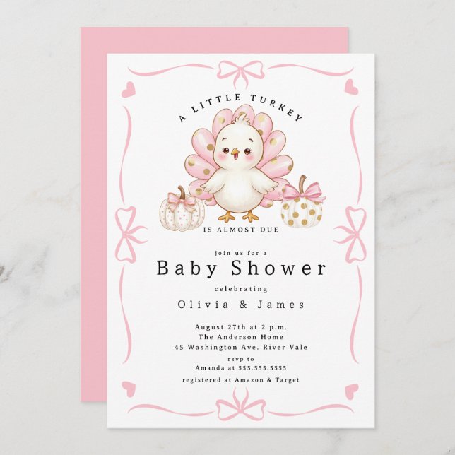 Convite Pink Little Turkey Baby Shower Invite (Frente/Verso)