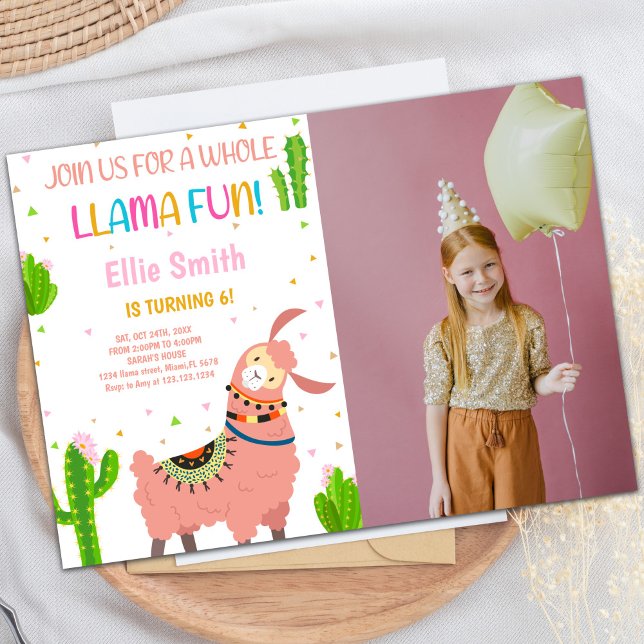 Convite Pink Llama Birthday Invances com foto (Pink Llama Birthday Invitations with photo)