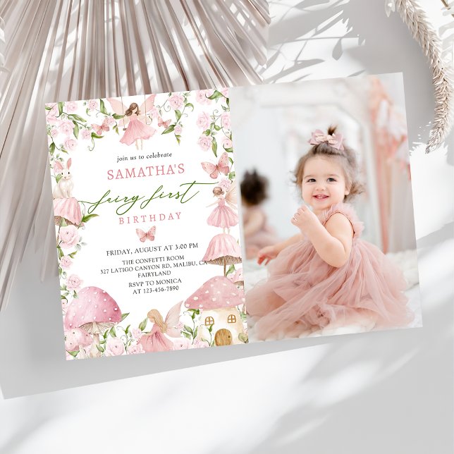 Convite Pink  Magical Forest Fairy First Birthday Photo (Criador carregado)
