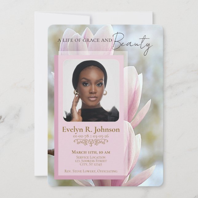 Convite Pink Magnolia‑style photo funeral program (Frente)
