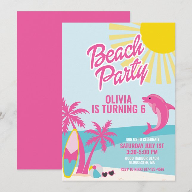 Convite Pink Malibu beach birthday (Frente/Verso)