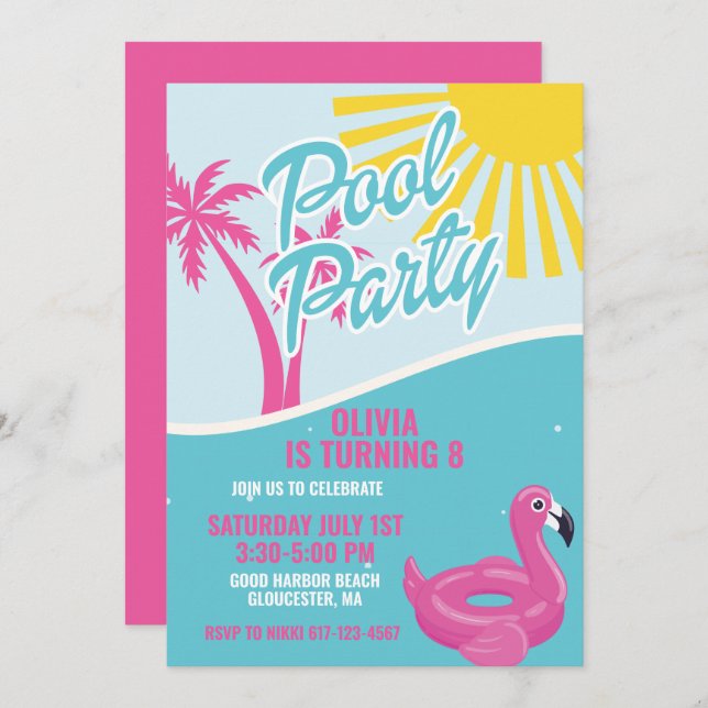Convite Pink Malibu Pool Party birthday (Frente/Verso)