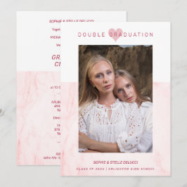 Convite Pink Marble Effect Romantic Photo Twins Graduation