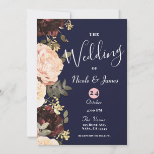 Convite Pink & Maroon Floral Greenery Azul Marinho Casamen