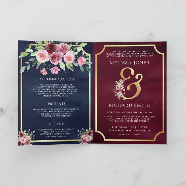 Convite Pink Marsala Floral Ampersand Navy QR Code Wedding (Interior)