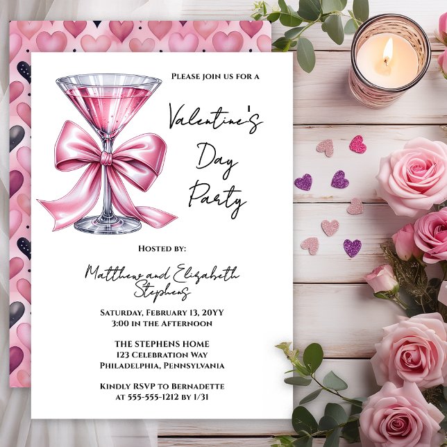 Convite Pink Martini Coquette Bow Valantine's Day Party (Valentine’s Day Party Invitation | Pink Martini Bow Couple’s Valentine Invite -- Print | Digital)
